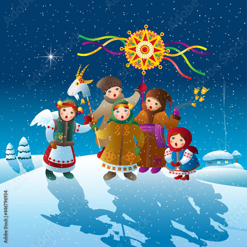 Children sing a Christmas song, carols at night in winter on the background of the winter village