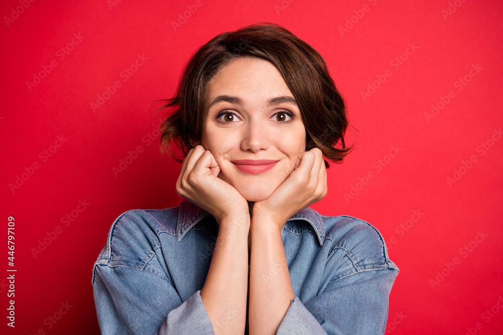 Photo of smart brunette millennial lady hands face wear jeans shirt isolated on red color background Photo of smart brunette millennial lady hands face wear jeans shirt isolated on red color background