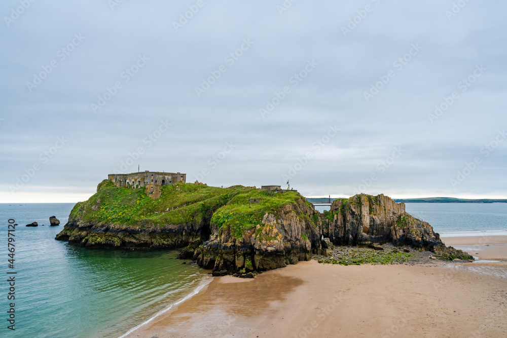 Sandy beach and St Catherine island in Tenby