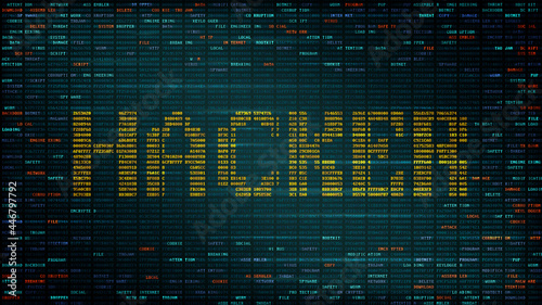 Vector illustration, network security, internet threats and protection against hacking. The background code of the program with highlighted thematic words of different colors