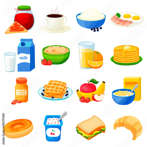 breakfasts. Big set of flat icons. Isolated over white background. Healthy breakfast. For your design.