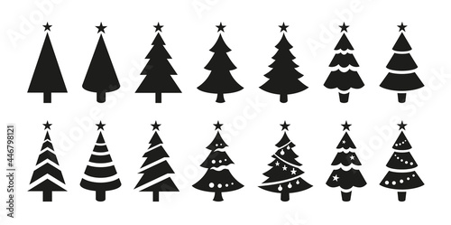 Christmas tree icons, silhouettes in black color. Vintage vector icons isolated on white background. Silhouettes of christmas trees with a stars at the top. Big set for decoration.