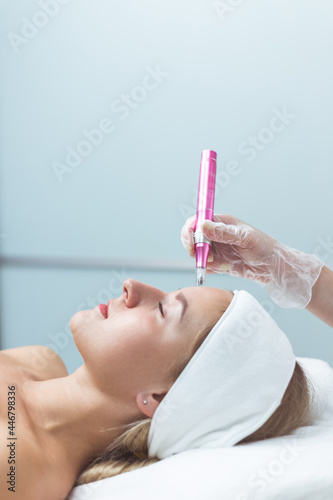 Woman having facial treatment in beauty salon, closeup. Oxy derma therapy