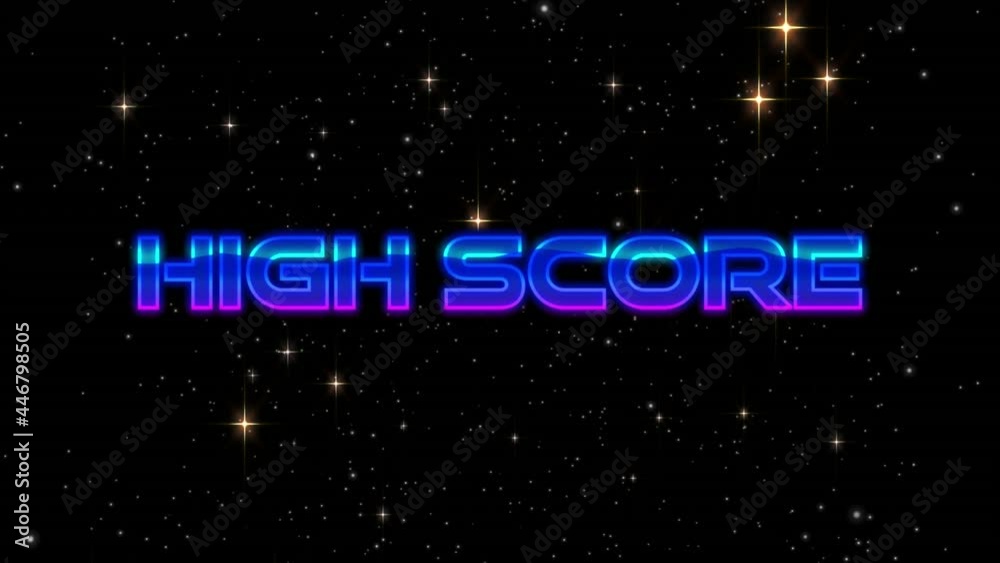 Animation of high score text over snow and stars on black background