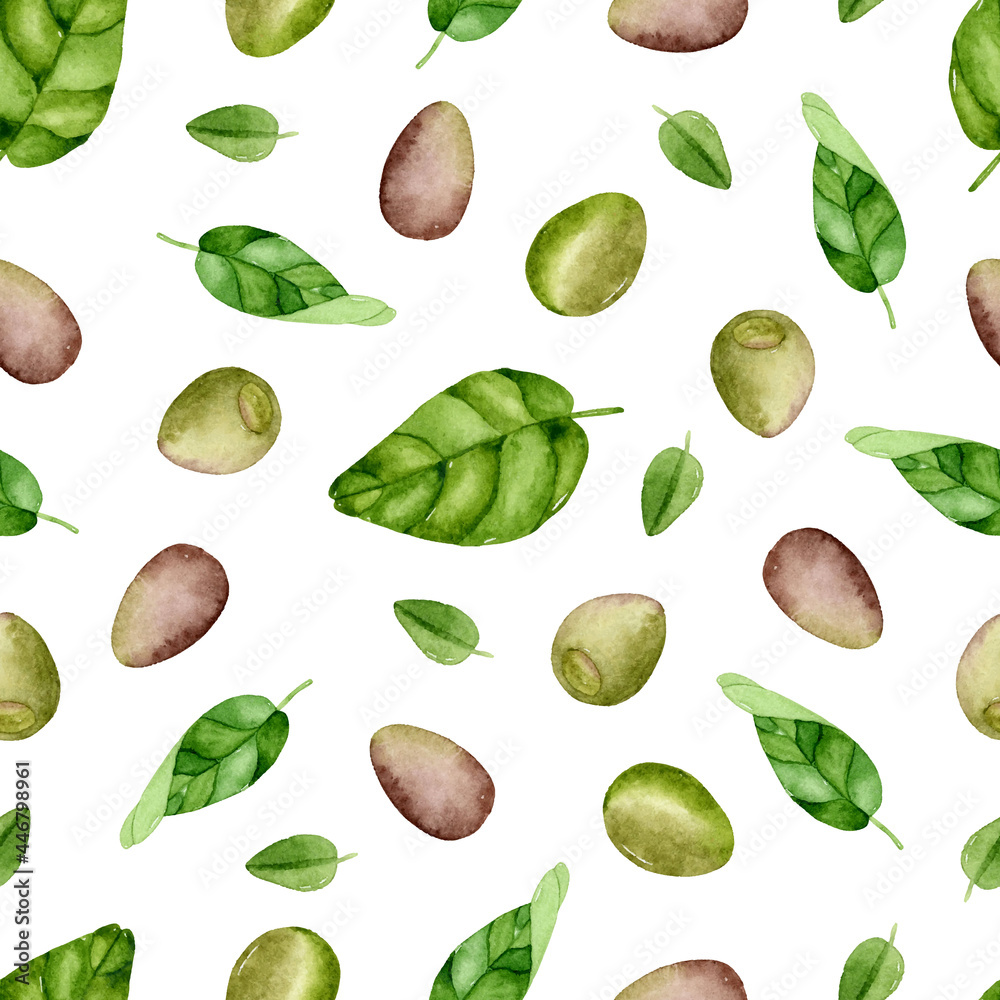 Olives and basil watercolor seamless pattern Olives and basil watercolor seamless pattern