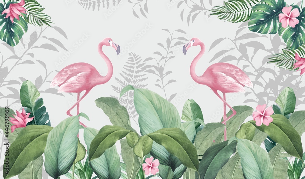 Fototapeta Photo wallpapers for the room. Pink flamingos. Flamingos on a background of leaves. Tropical leaves, tropics, flamingos.