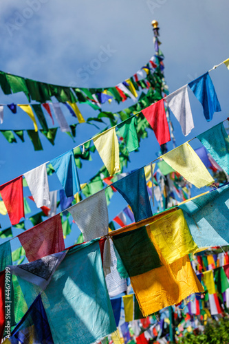 Buddhist prayer flags lunga in McLeod Ganj, Himachal Pradesh, India photo