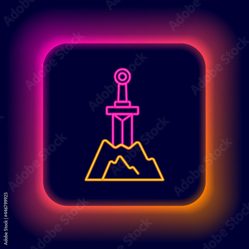 Glowing neon line Sword in the stone icon isolated on black background. Excalibur the sword in the stone from the Arthurian legends. Colorful outline concept. Vector