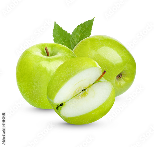 Fresh green apple with leaves isolated on white background