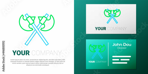 Line Crossed medieval axes icon isolated on white background. Battle axe, executioner axe. Medieval weapon. Colorful outline concept. Vector