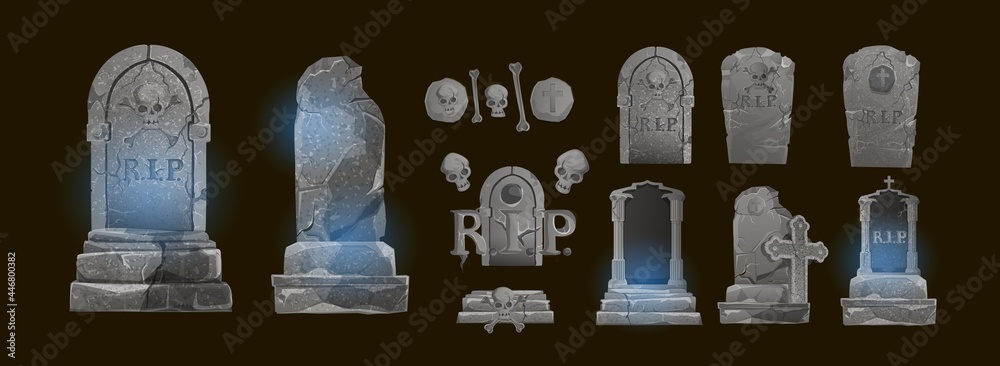 Halloween Elements and Objects for Design Projects. tombstones for Halloween. Ancient RIP. Grave on a dark background - obrazy, fototapety, plakaty 