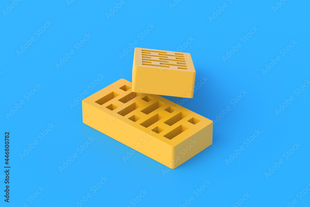 Perforated clay bricks on blue background. Home construction. Building renovation. 3d render Perforated clay bricks on blue background. Home construction. Building renovation. 3d render