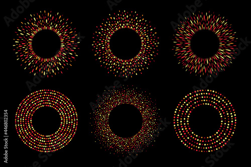 Round frames collection, set. Circle, ring shape made of dots, drops, paint splashes, tiny spots, beads, uneven blobs. Border templates, dotted design elements, radial backgrounds. Autumn, fire colors