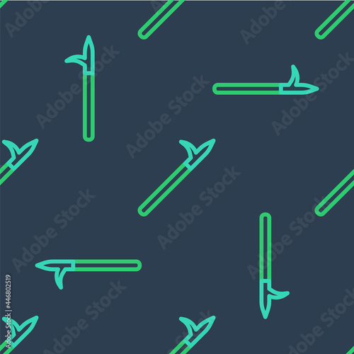 Line Metal pike pole with wooden handle icon isolated seamless pattern on blue background. Spear, pickaxe, hook hand extinguishing instrument and tool for fireman. Vector