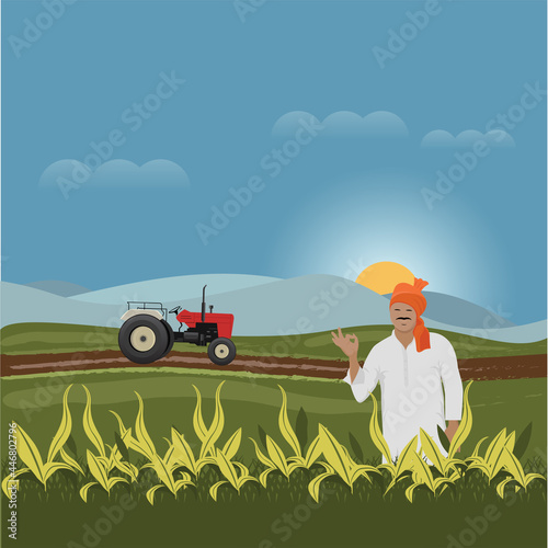 Indian Farmer with Tractor in field farm