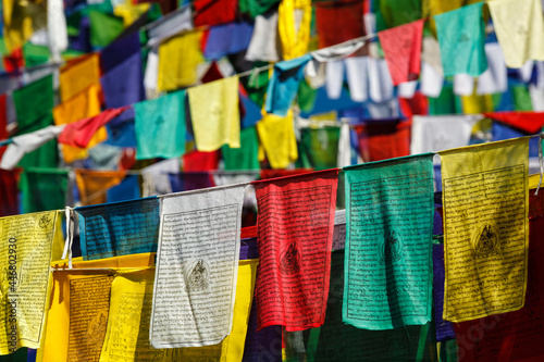 Buddhist prayer flags lunga in McLeod Ganj, Himachal Pradesh, India photo