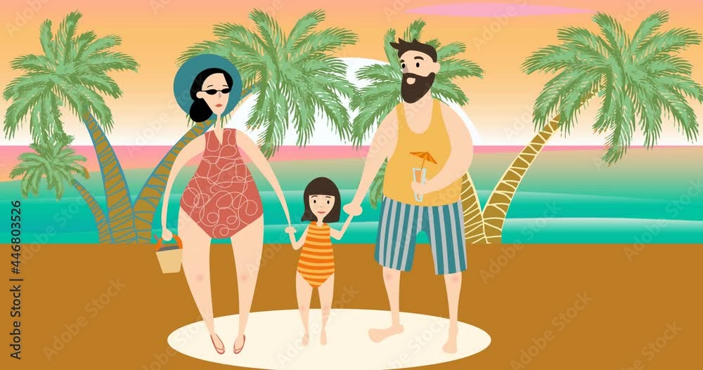 Animation of family together at beach on orange background Animation of family together at beach on orange background