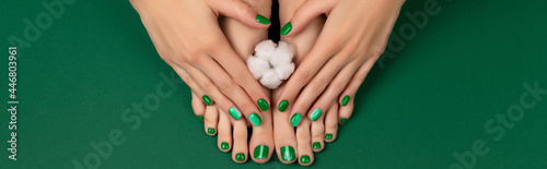 Manicure, pedicure beauty salon concept. Womans feet with cotton flower