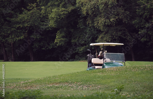 little car for golf in the Green grass field - activity concept. photo