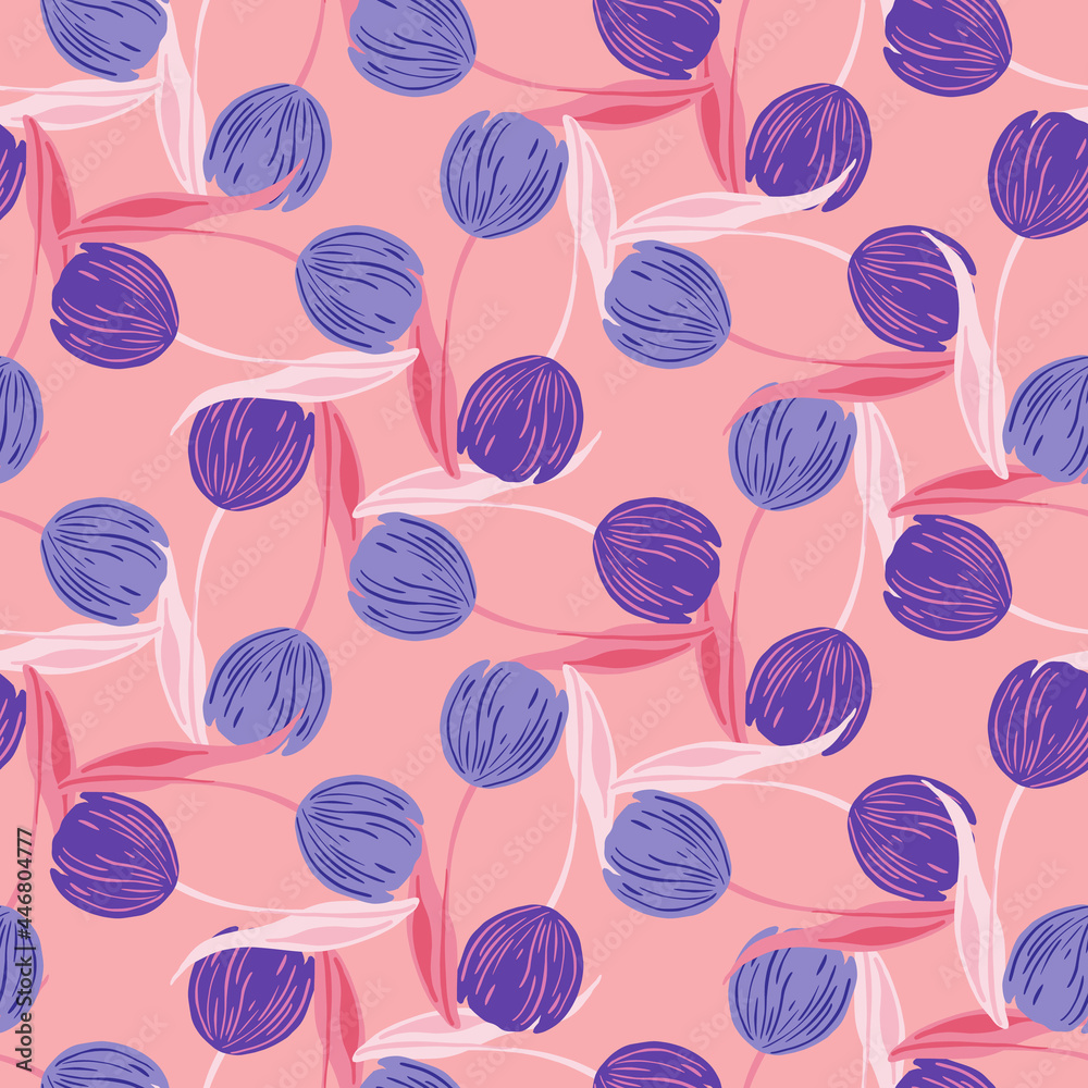 Garden seamless pattern with purple tulip buds flower ornament. Pink background. Bright floral print.