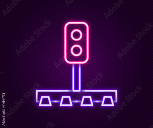 Glowing neon line Train traffic light icon isolated on black background. Traffic lights for the railway to regulate the movement of trains. Colorful outline concept. Vector