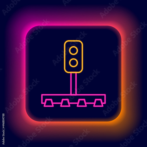 Glowing neon line Train traffic light icon isolated on black background. Traffic lights for the railway to regulate the movement of trains. Colorful outline concept. Vector