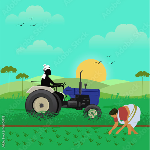 Indian Farmer & Women with Tractor in a farm field
