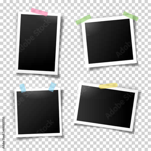 Photo frames fixed with adhesive tape. Vector templates set for editing. Illustration of realistic empty photo with shadows isolated on transparent background.