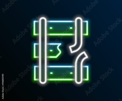Glowing neon line Broken or cracked rails on a railway icon isolated on black background. Colorful outline concept. Vector