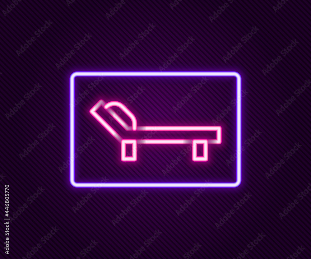 Glowing neon line Sunbed icon isolated on black background. Sun lounger. Colorful outline concept. Vector Glowing neon line Sunbed icon isolated on black background. Sun lounger. Colorful outline concept. Vector
