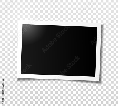 Wide horizontal photo frame with shadow. Template for editing. Vector realistic illustration of empty photo with shadow isolated on transparent grey checkered background.