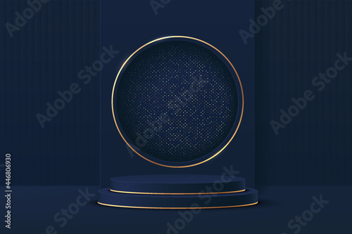 Abstract 3D dark blue cylinder pedestal podium with golden circle and glitter backdrop. Luxury dark blue wall scene for product display presentation. Vector rendering minimal geometric platform design