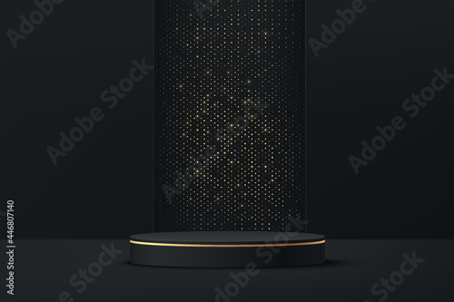 Abstract 3D black cylinder pedestal podium with golden glitter in vertical rectangle backdrop. Luxury dark minimal wall scene for product display presentation. Vector rendering geometric platform.