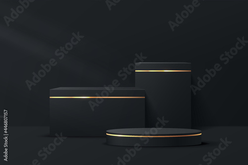 Abstract 3D black, golden stripe cylinder pedestal and cube podium set with luxury black friday sale scene for product display presentation. Vector rendering geometric platform with light and shadow.