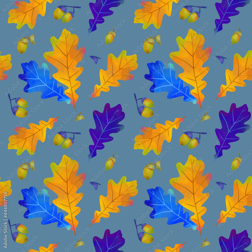 Seamless pattern of yellow oak leaves on bright background. Autumn background. September pattern. Seamless pattern of yellow oak leaves on bright background. Autumn background. September pattern.