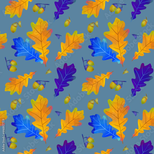 Seamless pattern of yellow oak leaves on bright background. Autumn background. September pattern.