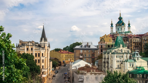 Summer cityscape, view on Andriyivskyy Descent in Kyiv city, Ukraine