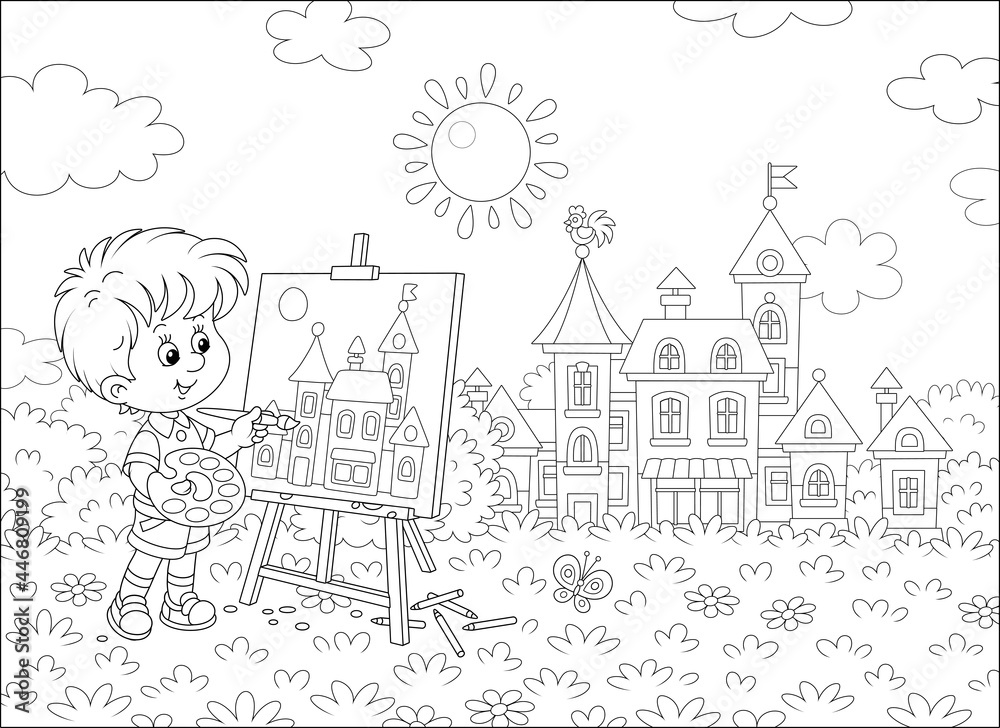 Little boy drawing in watercolors and pencils a pretty small town on a sunny summer day, black and white outline vector cartoon illustration for a coloring book page