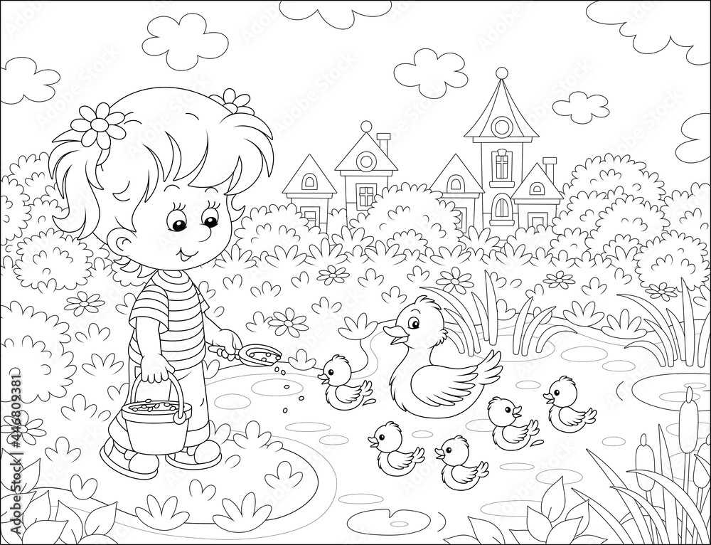 Little girl farmer standing with a bucket of feed grain and feeding a merry brood of small ducklings and a cute duck on a pond in a village, black and white vector cartoon illustration