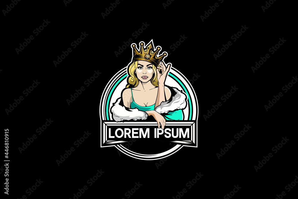 Queen with crown cartoon character vector badge logo template Queen with crown cartoon character vector badge logo template