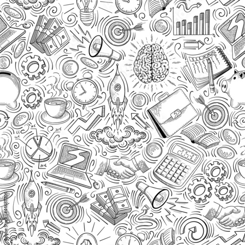 Business seamless pattern. Black doodles in sketchy vintage style on white background. Vector illustration.