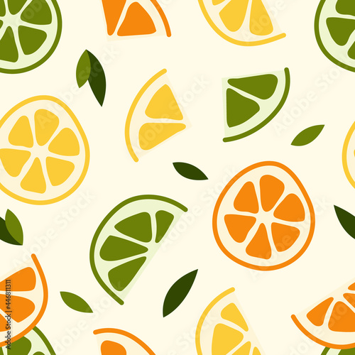 Seamless pattern with fresh lemon, mint, lime, mandarin, orange. Summer fruit, tropical citrus background. Vector flat cartoon illustration. Perfect for textile, fabric, wrapping paper