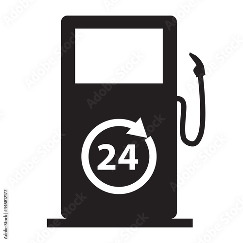 fuel station with 24 hours icon on white background. 24 hour black fuel station sign. 24h fuel dispenser sign. flat style.