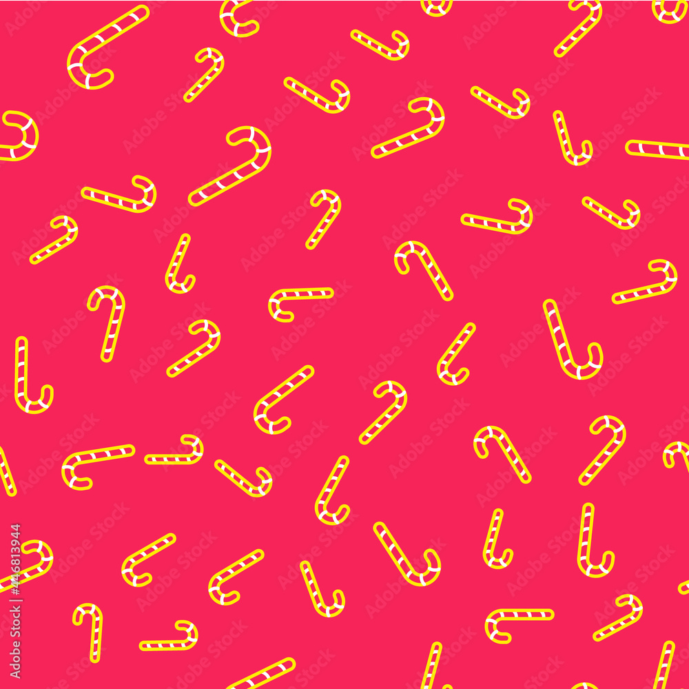 Line Christmas candy cane with stripes icon isolated seamless pattern on red background. Happy Halloween party. Vector Line Christmas candy cane with stripes icon isolated seamless pattern on red background. Happy Halloween party. Vector