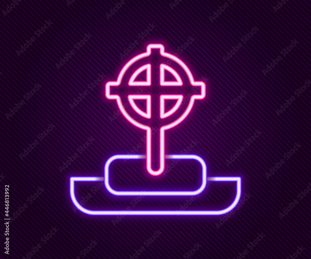 Glowing neon line Tombstone with cross icon isolated on black background. Grave icon. Happy Halloween party. Colorful outline concept. Vector Glowing neon line Tombstone with cross icon isolated on black background. Grave icon. Happy Halloween party. Colorful outline concept. Vector