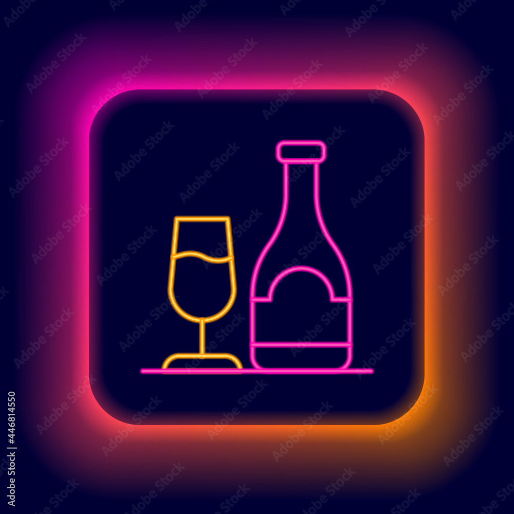Glowing neon line Wine bottle with glass icon isolated on black background. Colorful outline concept. Vector Glowing neon line Wine bottle with glass icon isolated on black background. Colorful outline concept. Vector