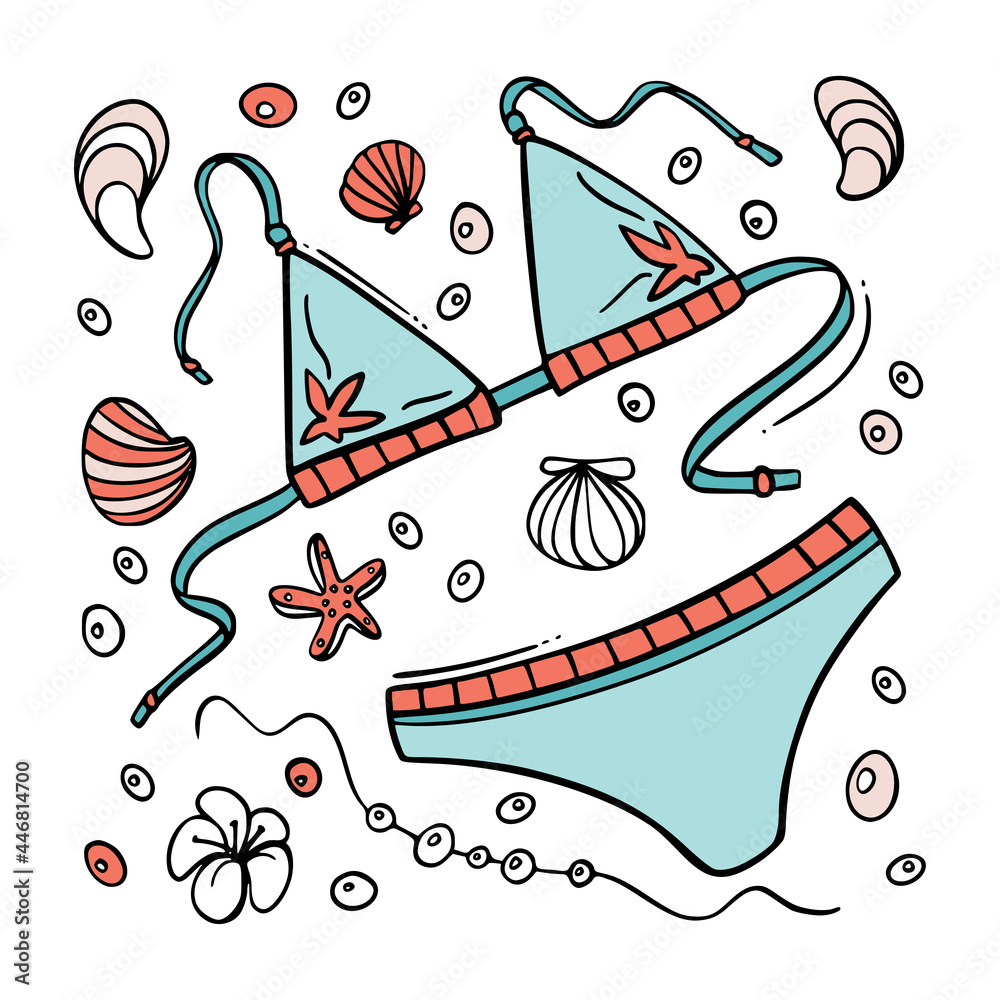 Hand drawn swim suits, bikini set doodle icon in color isolated on ...