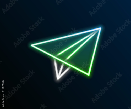 Glowing neon line Paper airplane icon isolated on black background. Colorful outline concept. Vector
