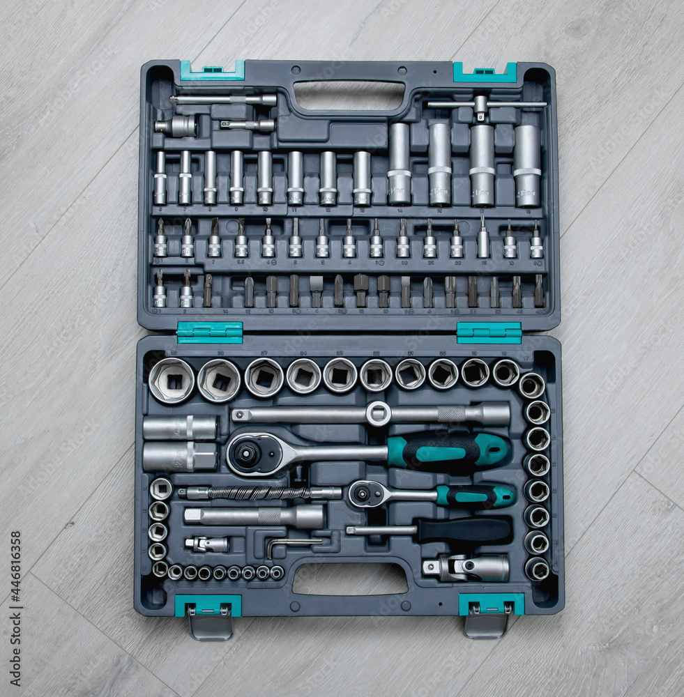 Made from advanced quality chrome vanadium steel. Tools for repair. Chrome mechanics tools set. Wide range of metric sockets Made from advanced quality chrome vanadium steel. Tools for repair. Chrome mechanics tools set. Wide range of metric sockets
