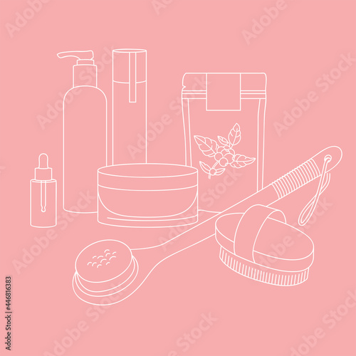 Vector linear illustration set wood dry brush for scrubbing body with coffee scrub, lotion and cosmetic cream. Beauty tool for daily body care.